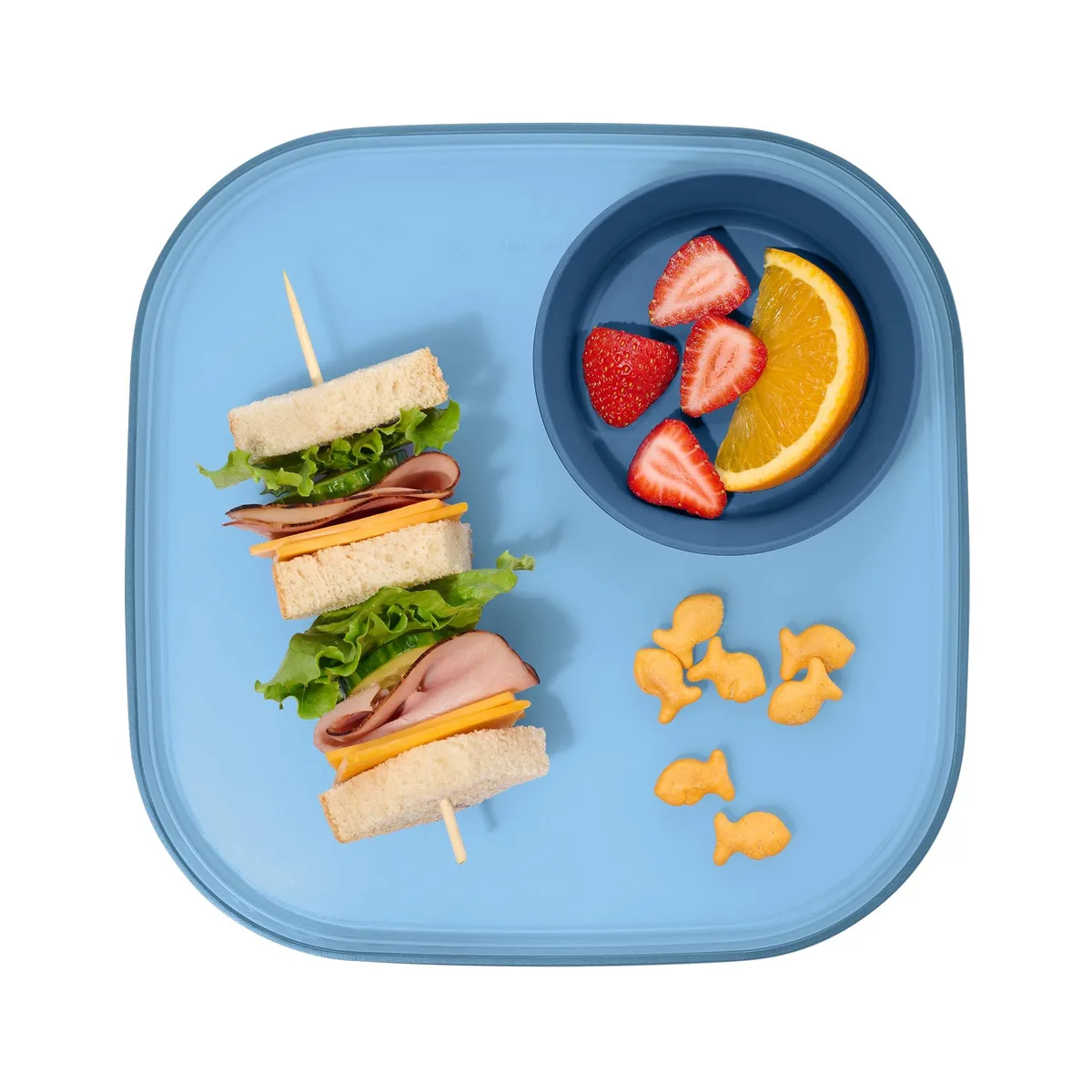 Blue ceramic round tray with three removable striped bowls