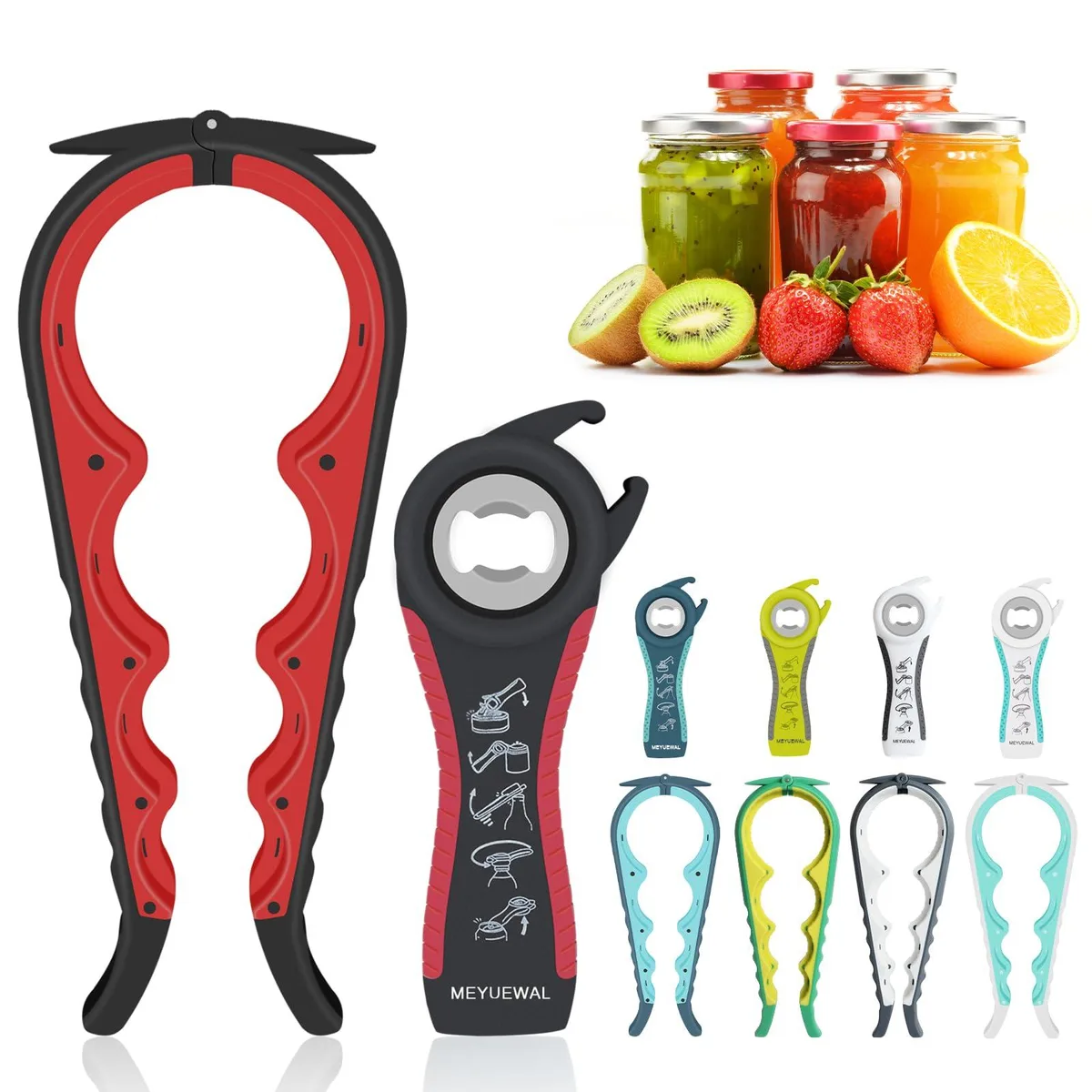 Red five-piece jar and bottle opener kit with silicone grips, stainless steel heads, compact 5.7 by 2.2 inch and 9 by 3.7 inch tools