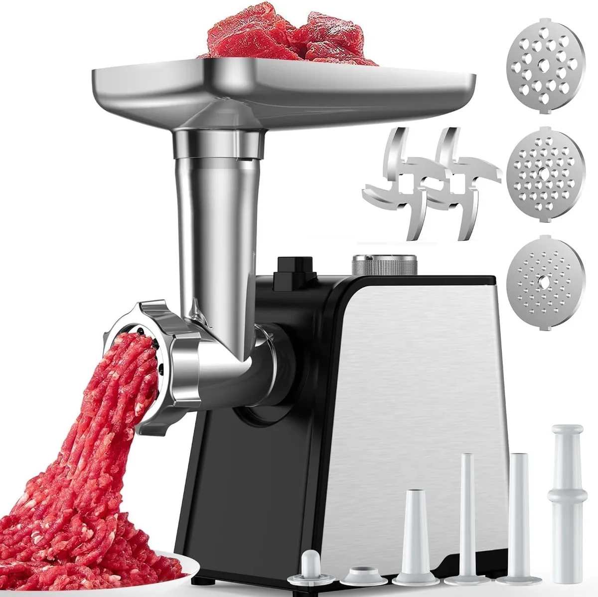 White electric meat grinder with stainless steel blades and multiple attachments