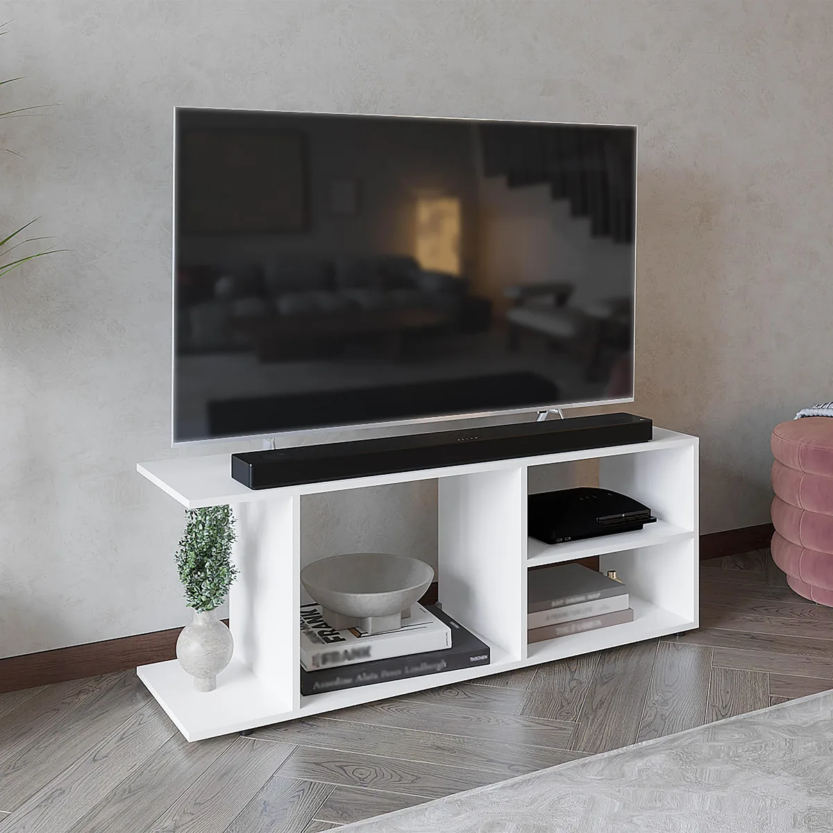 tuphen tuphen Goodwood Minimalistic TV Stand 65-Inch White 5 Open Shelves Home Entertainment — product photo