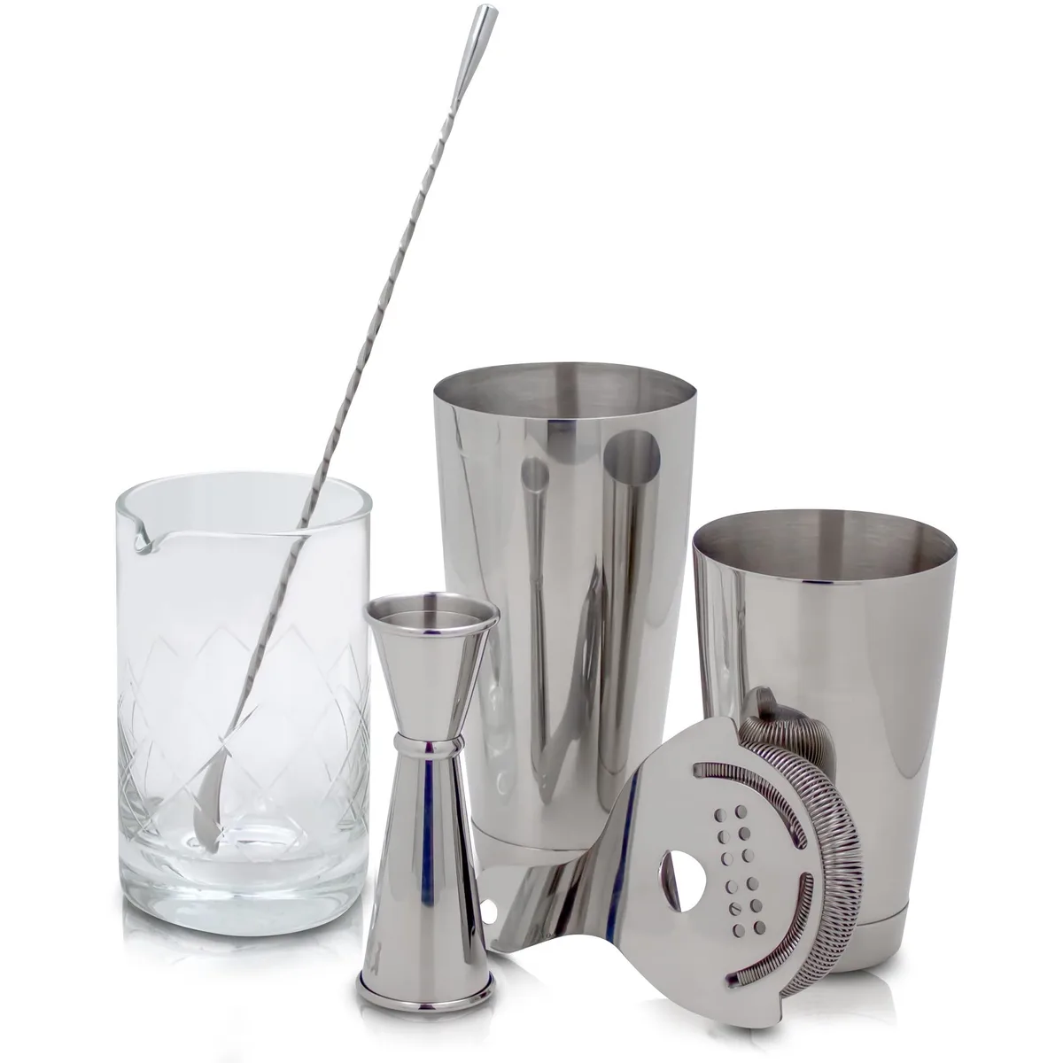 Black 7-piece bar set with crystal mixing glass, Boston shaker tins, Hawthorne strainer, Japanese jigger, bar spoon, floral design