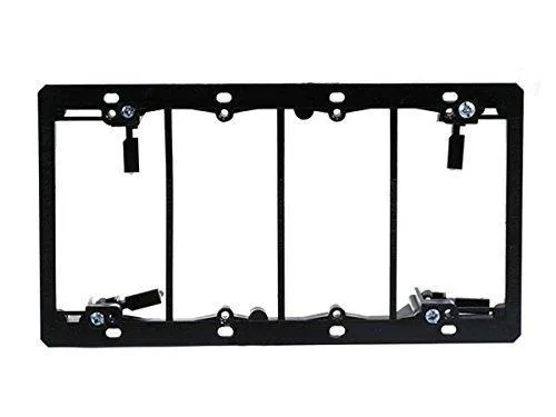 Two white plastic low-voltage mounting brackets with adjustable wings for four-gang wall plates