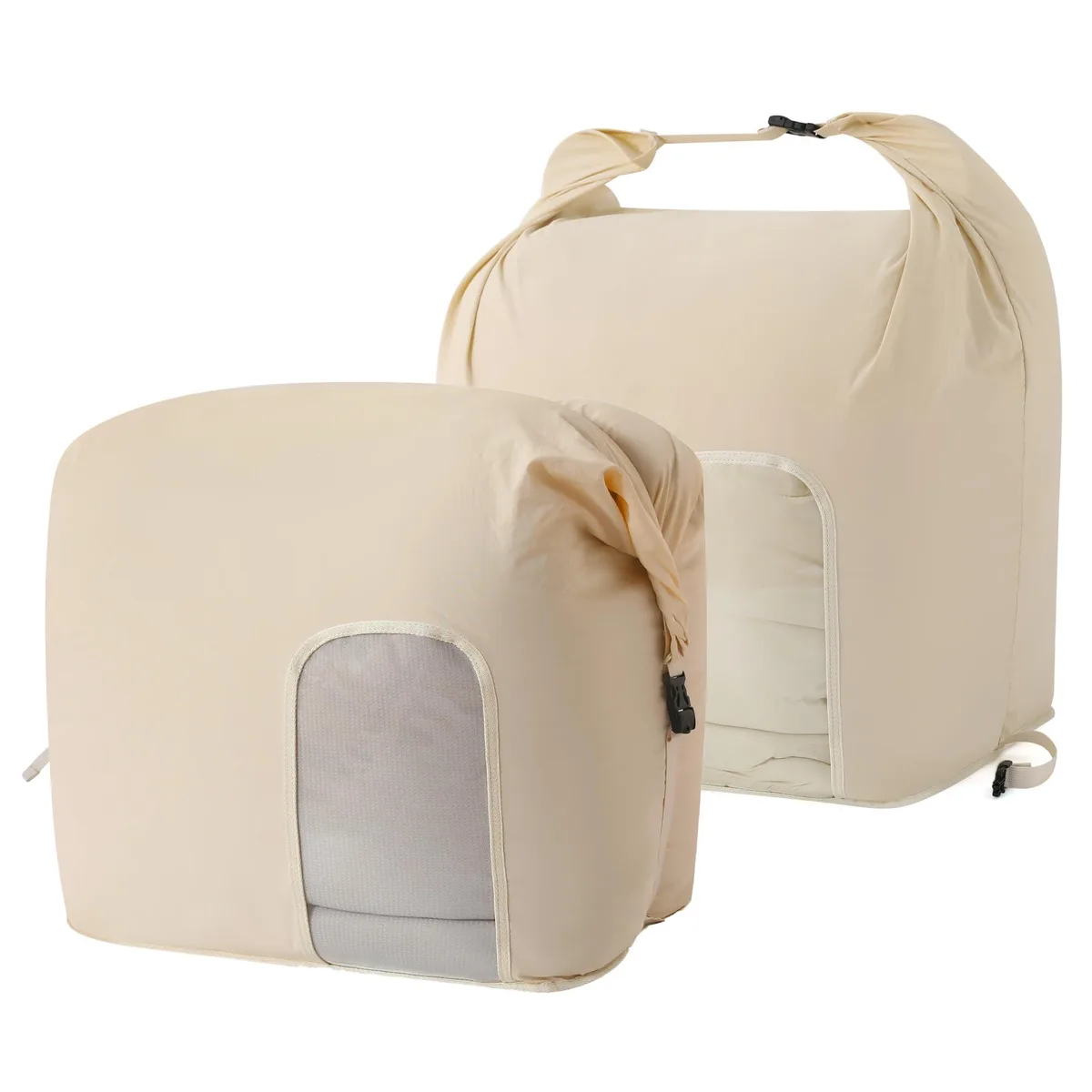 Two rectangular fabric bags with clear windows, roll-top closures and compression straps