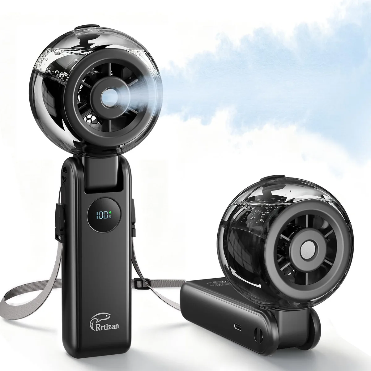 Black handheld misting fan with water tank and lanyard