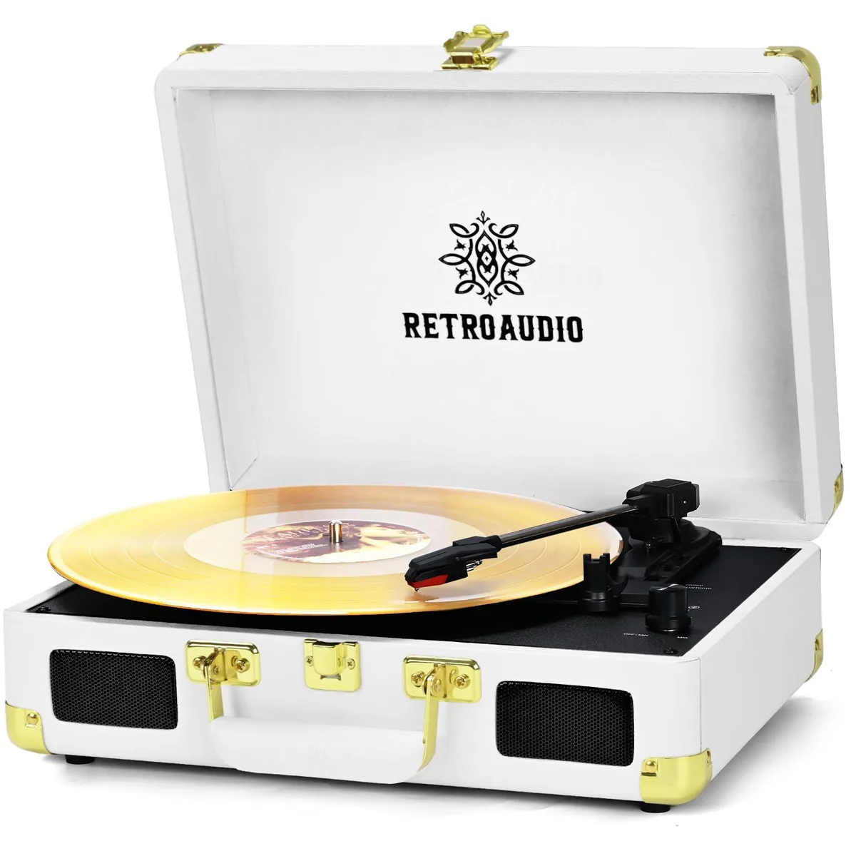 White suitcase turntable with gold trim, carry handle, built-in speakers