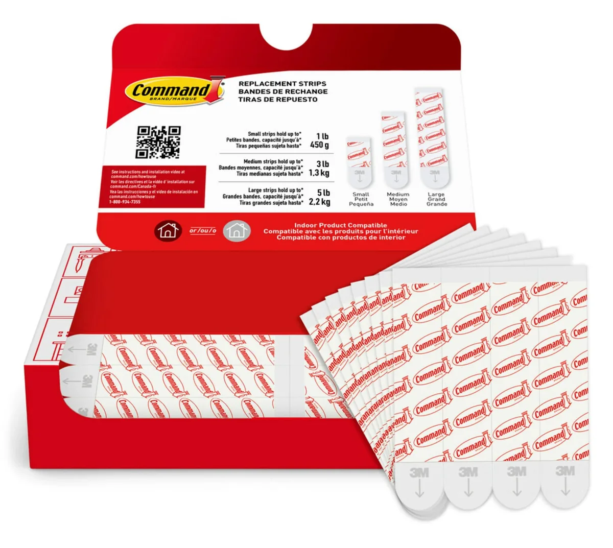 White rectangular adhesive strips in cardboard packaging