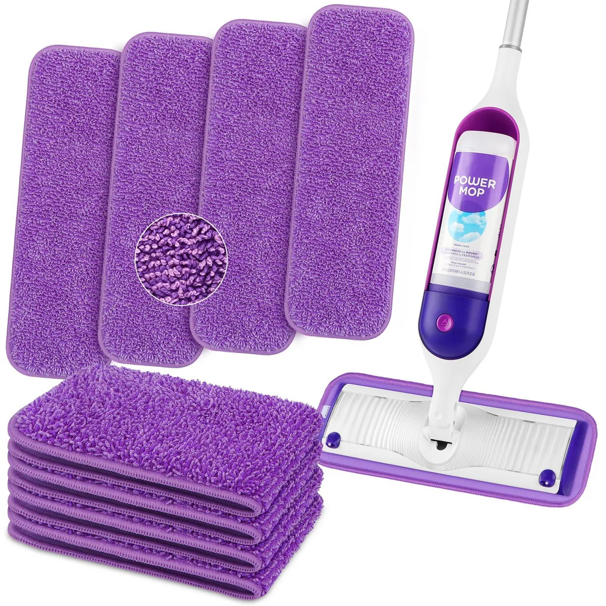 Eight white microfiber mop pads stacked flat, rectangular with rounded corners