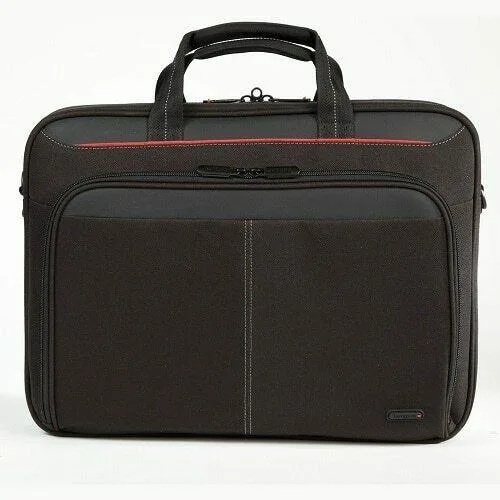 Slim black briefcase with padded laptop compartment and trolley strap