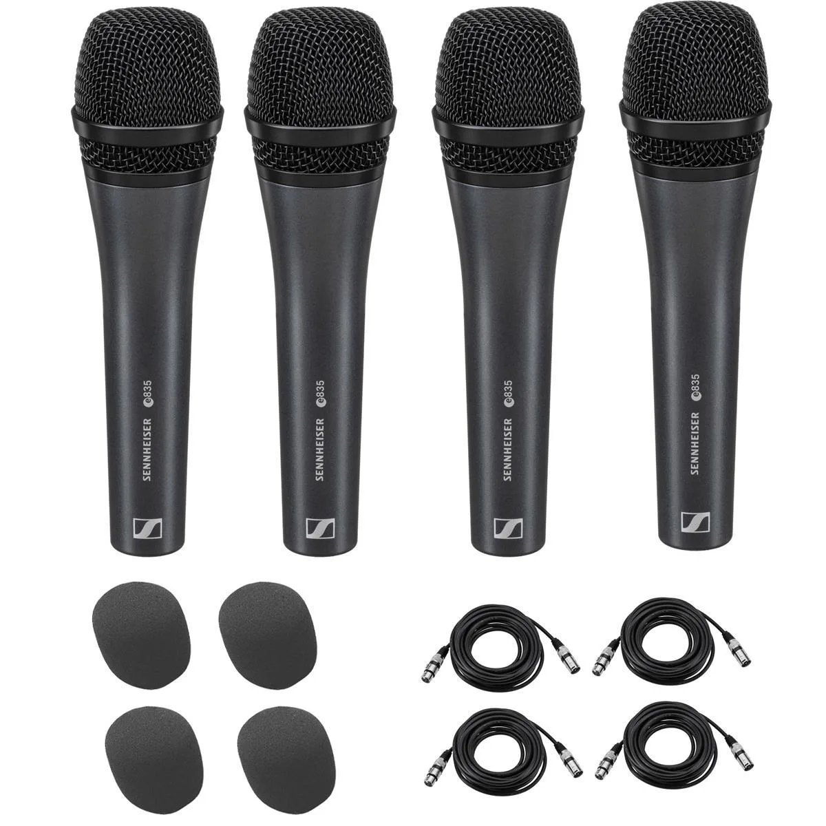Sennheiser Sennheiser e 835 Cardioid Handheld Vocal Microphone 4x Bundle with XLR Cables and Foam Windscreens — product photo