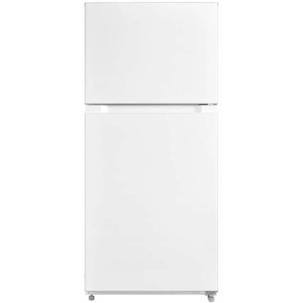 White top-freezer refrigerator, 14 cu ft total capacity, reversible doors, interior light, frost-free interior