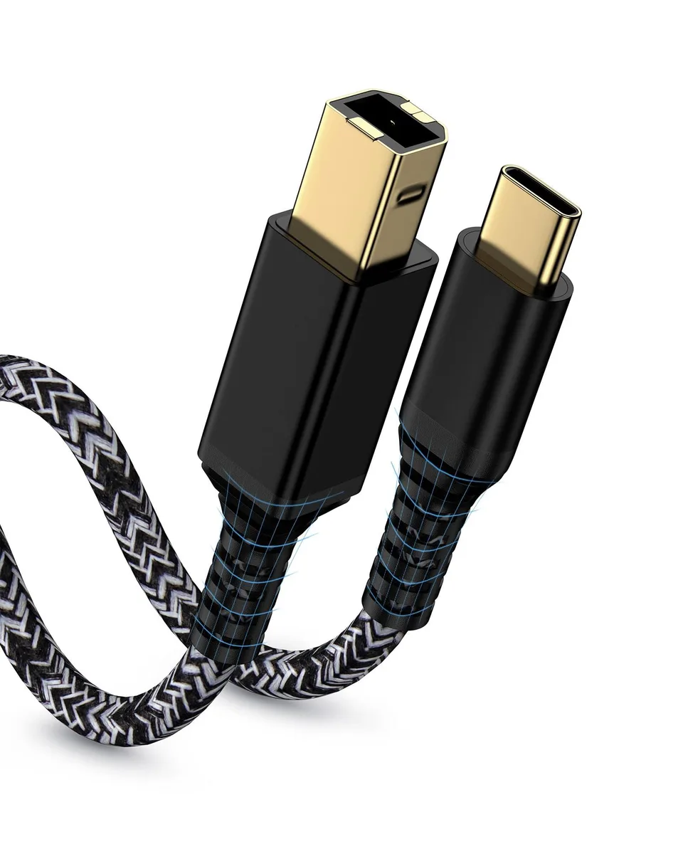 Black USB-C to USB-B 2.0 printer cable, 6 ft, braided nylon, gold connectors