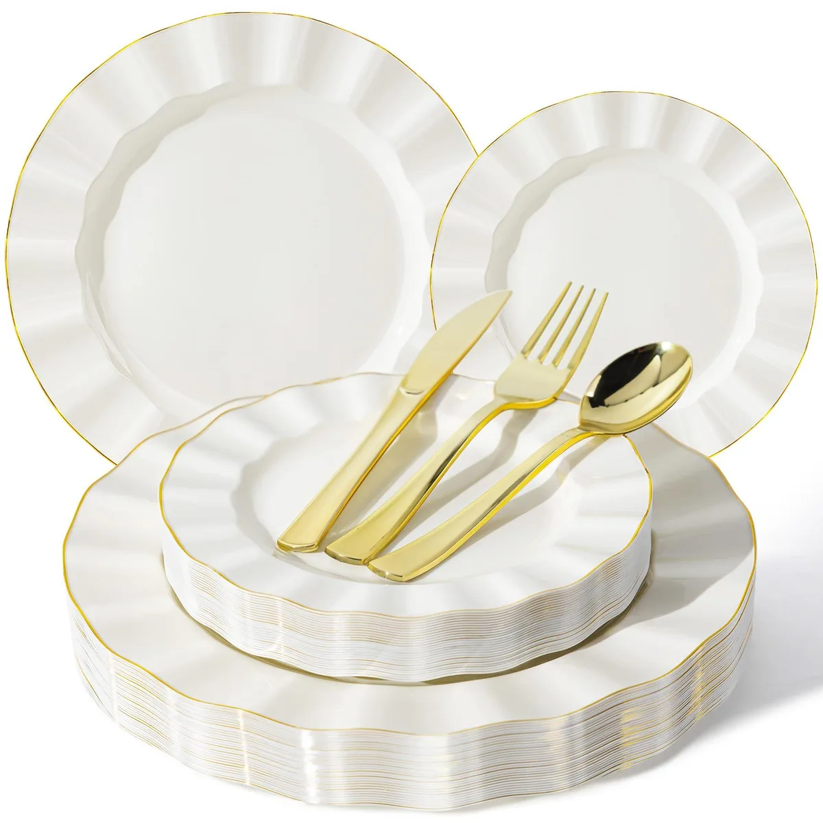 Stack of ivory square plates with gold rims and clear cutlery pieces