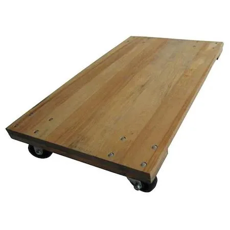 Brown wooden dolly 30 in long with four wheels and strap