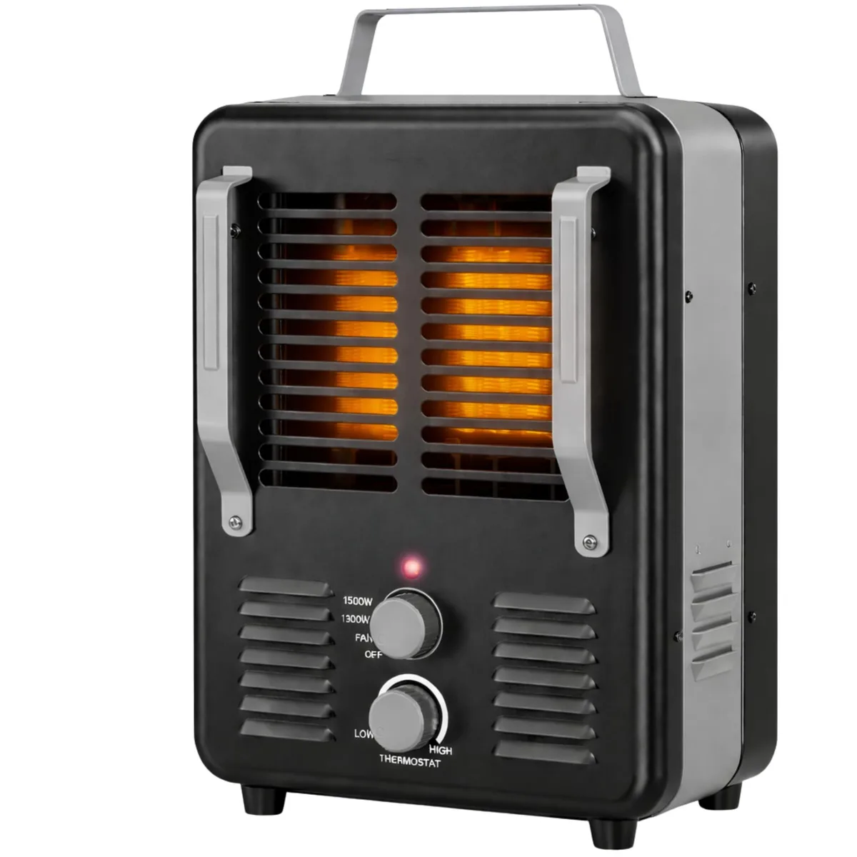 Black metal milkhouse heater with large carry handle and rotary thermostat dial