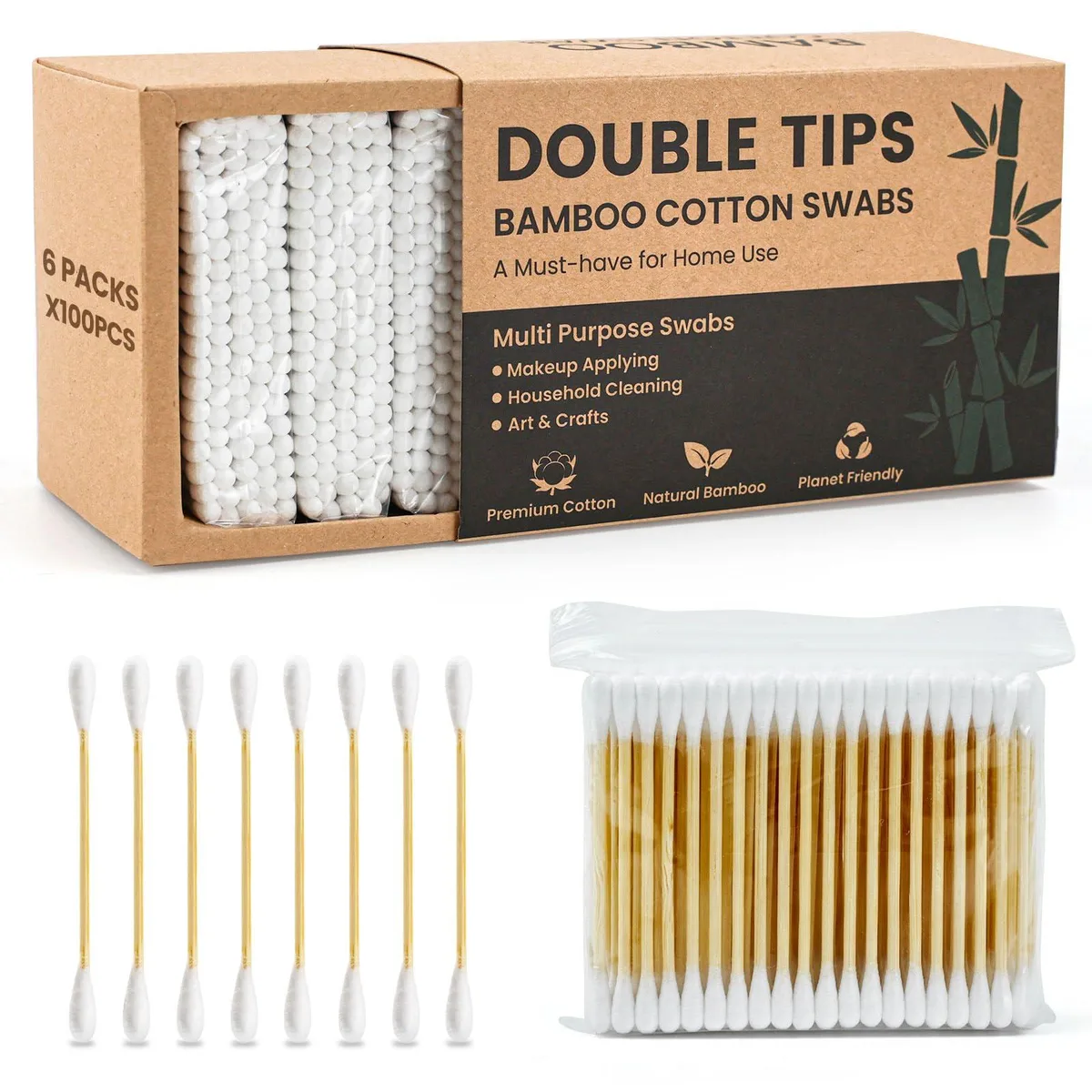 White paper box containing 600 bamboo cotton swabs with dual cotton tips