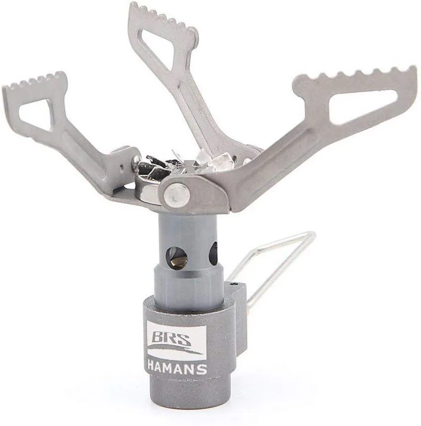 Tiny titanium camping stove in bright green pouch