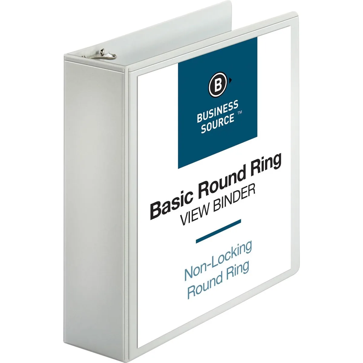 White three-ring binder with clear overlay and interior pockets