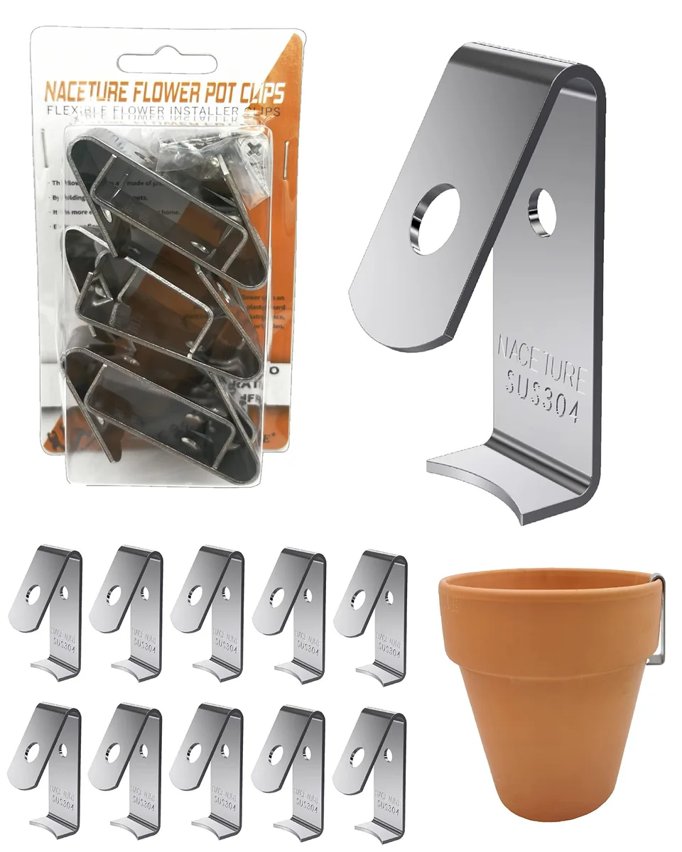 Twelve stainless steel pot clips with curved brackets and mounting holes