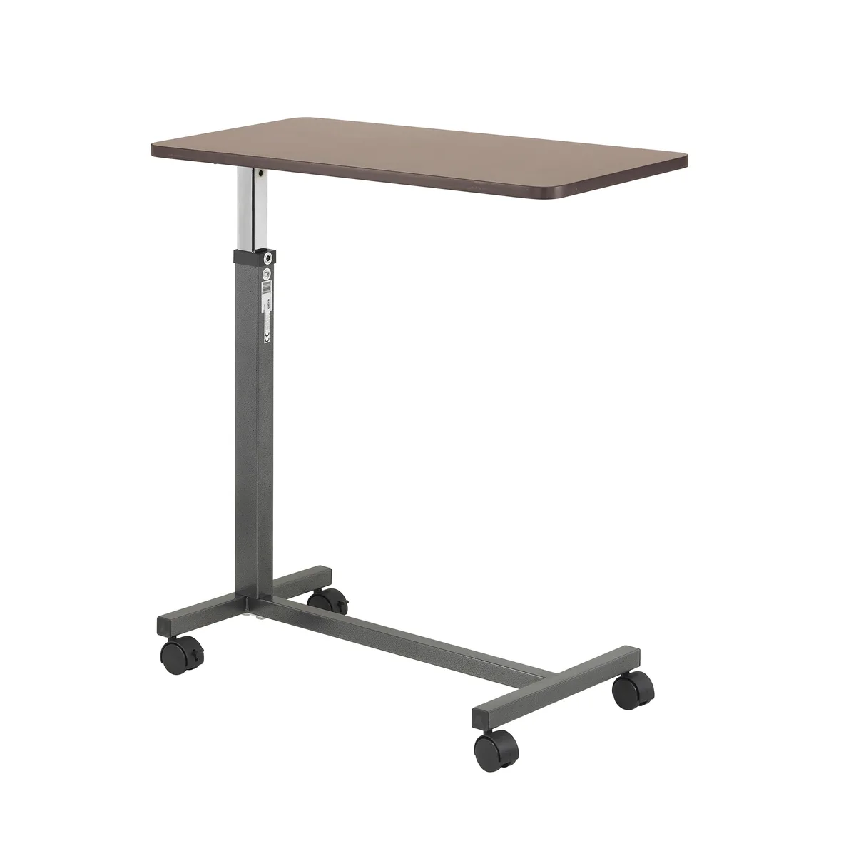 Overbed table with woodgrain top, silver vein frame, four swivel casters, H-base