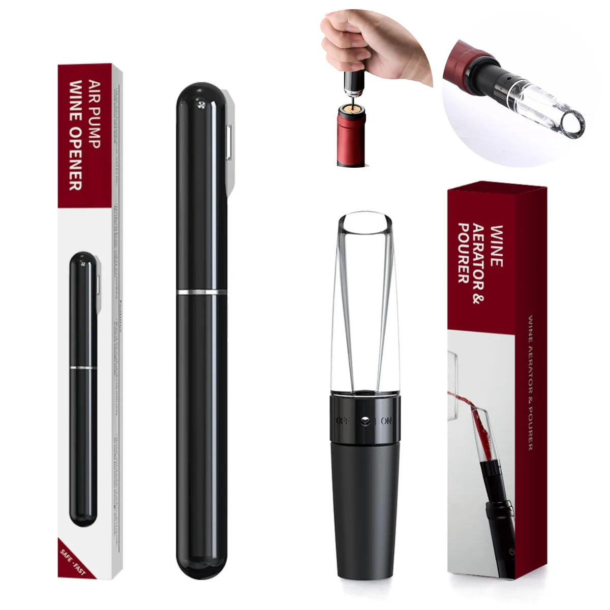 Black handheld air pump wine opener with foil cutter and aerator pourer, slender cylindrical shape
