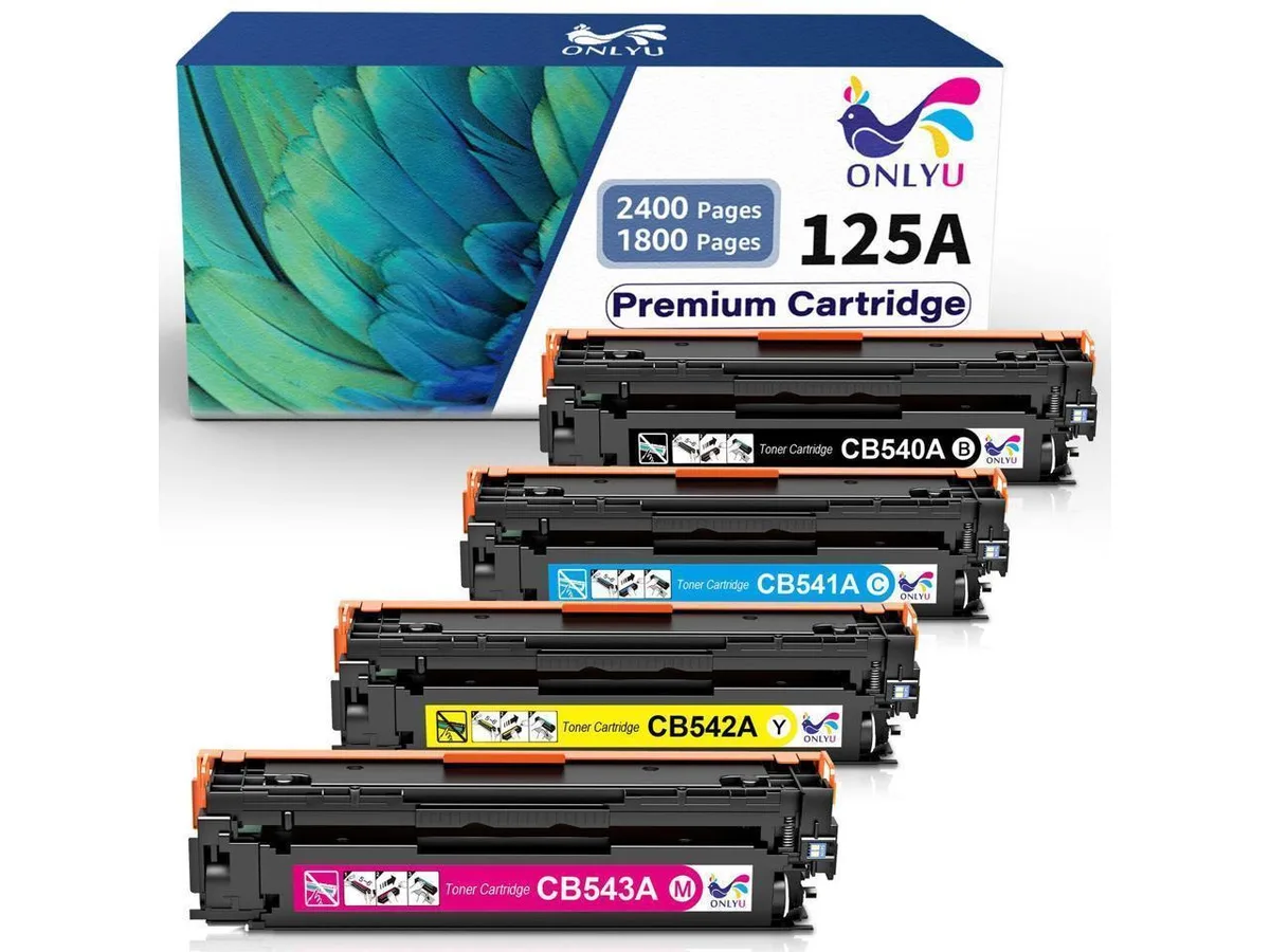 Four rectangular toner cartridges in black cyan magenta yellow standing side by side