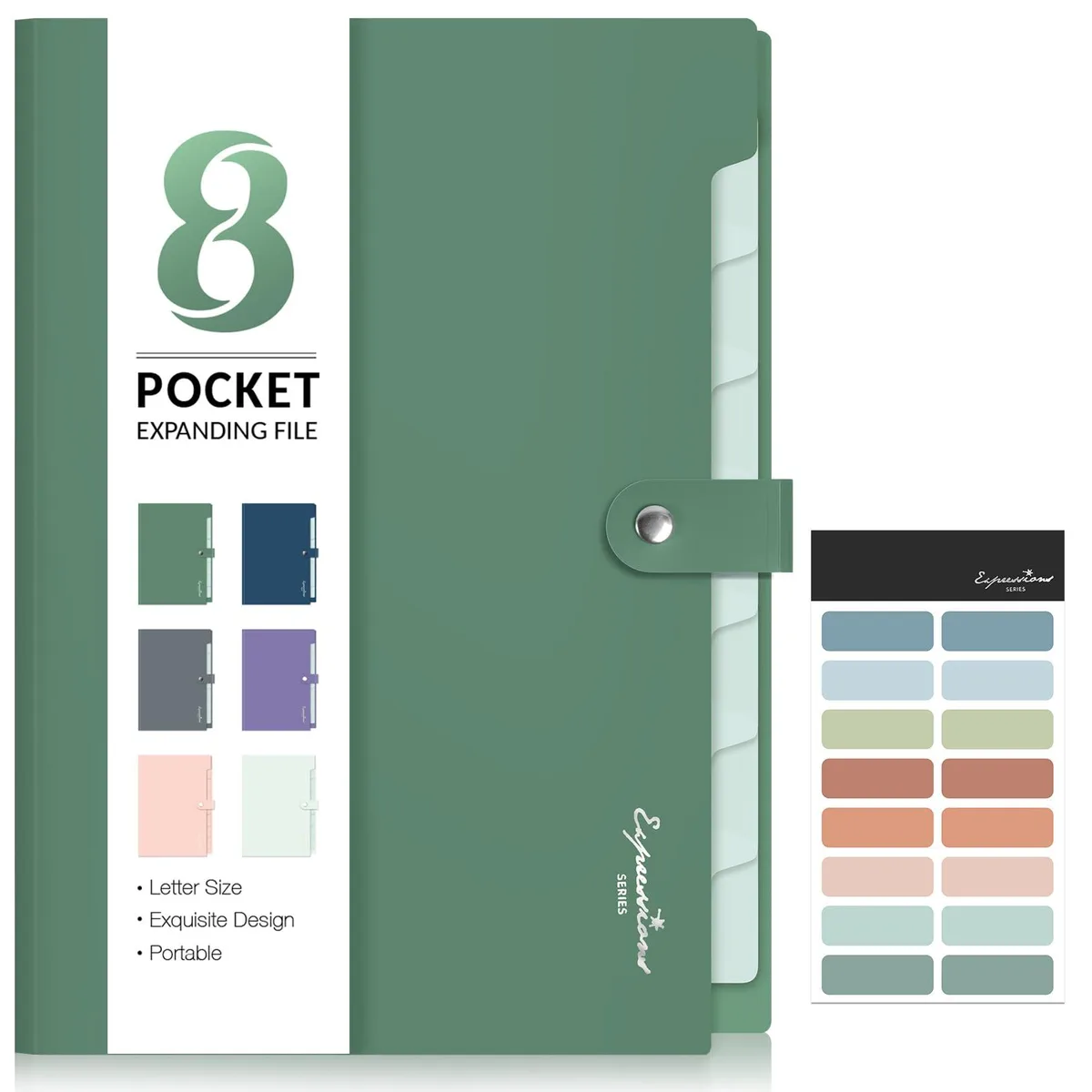 Dark green plastic accordion file folder with eight expandable pockets and snap closure