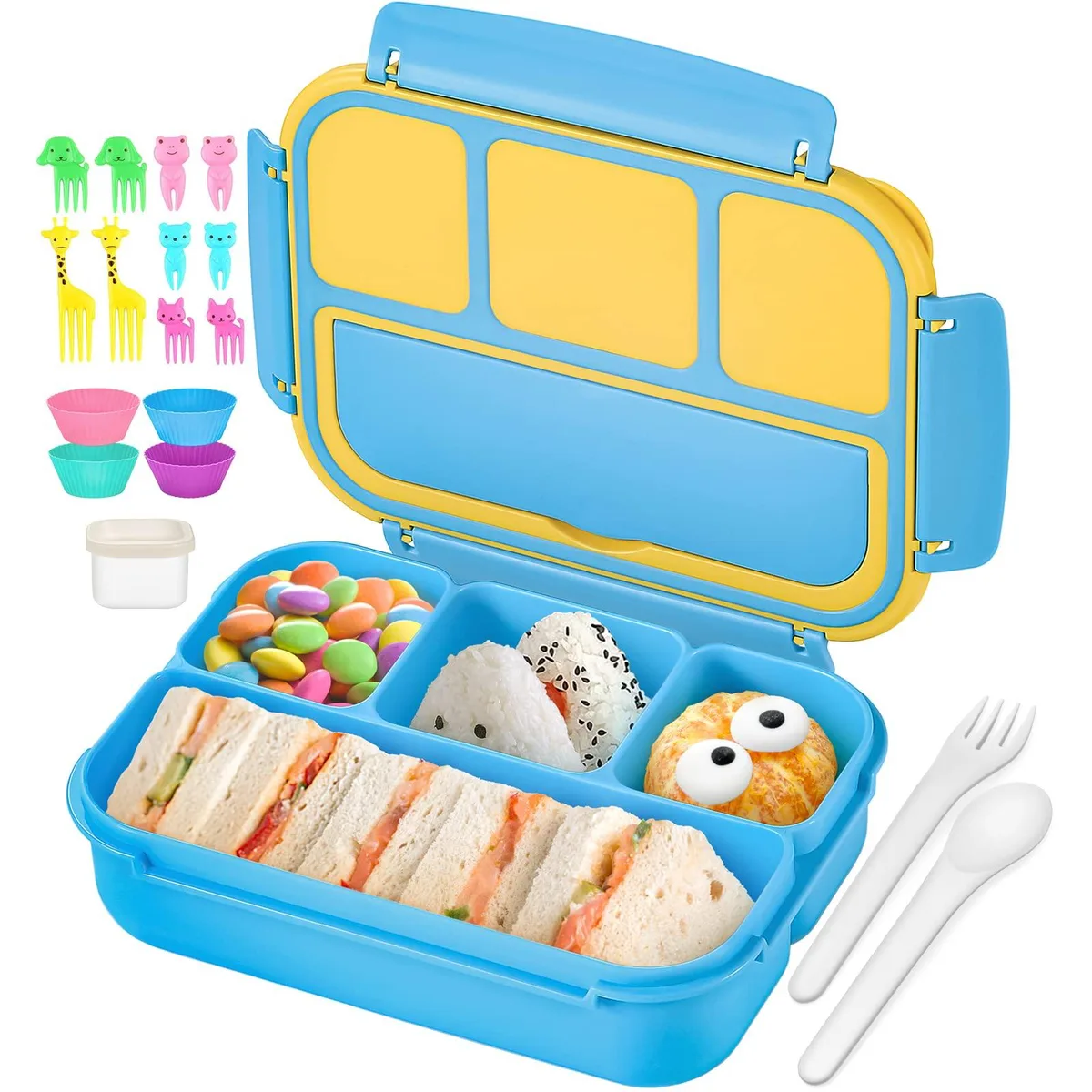 Blue rectangular bento box with four compartments and matching accessories