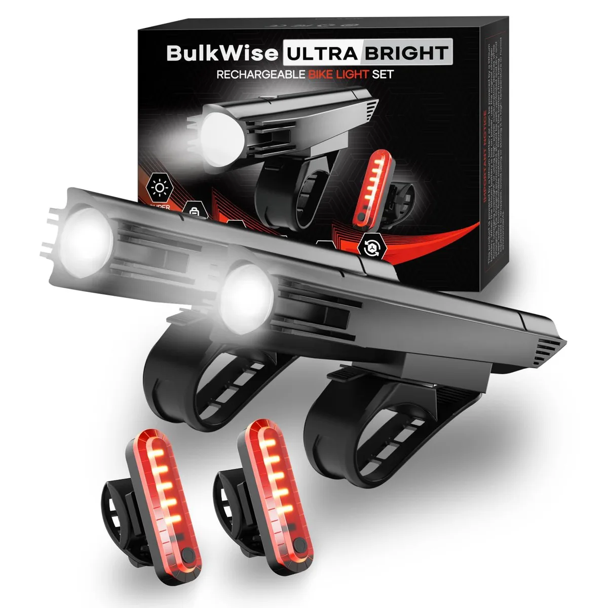 Two pairs of compact black bike lights with handlebar mounts and USB cables