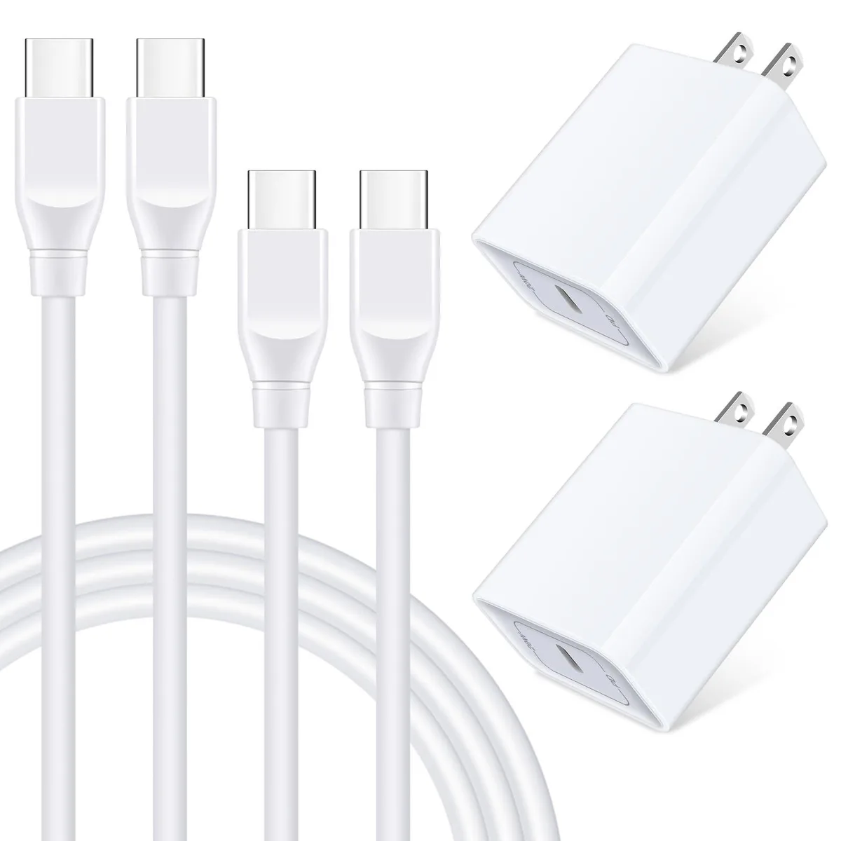 White rectangular wall charger with folding prongs and six-foot white USB-C to USB-C cable