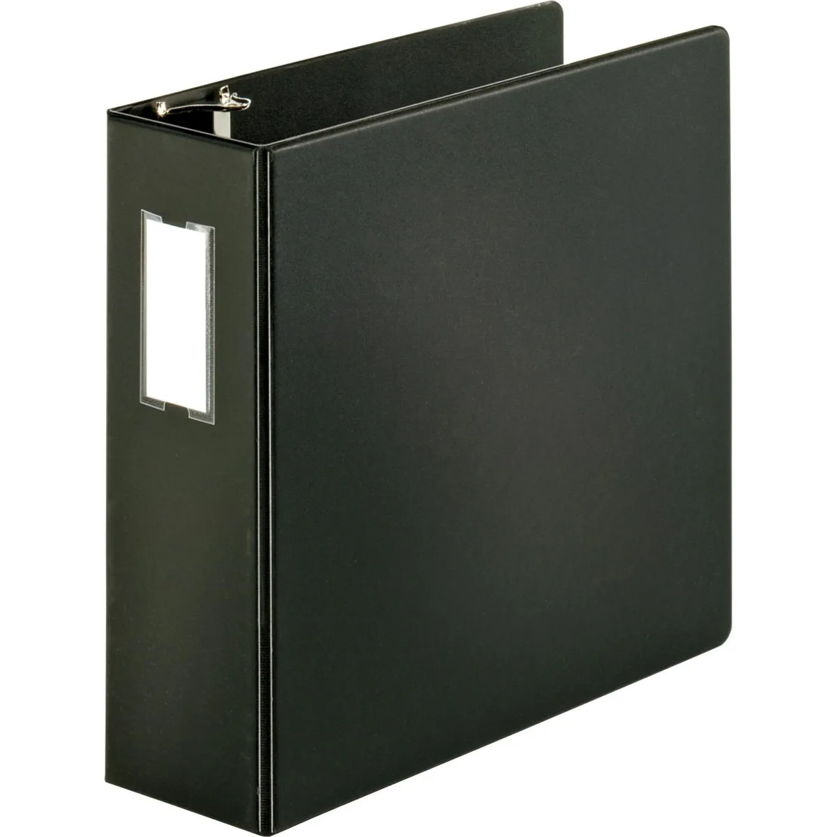 Black slant D-ring binder with spine label holder and interior pockets