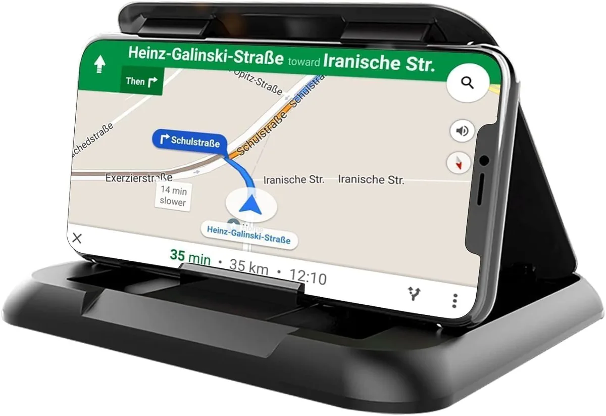 Black silicone dashboard phone mount with adjustable angled cradle and sticky gel base