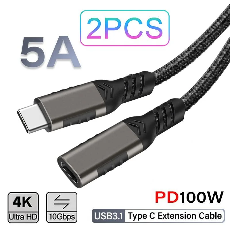 Jansicotek Jansicotek PQ068 USB 3.1 Gen 2 Type C Male to Female Extension Cable 6.6ft 100W 10Gbps 4K 2-Pack Black — product photo