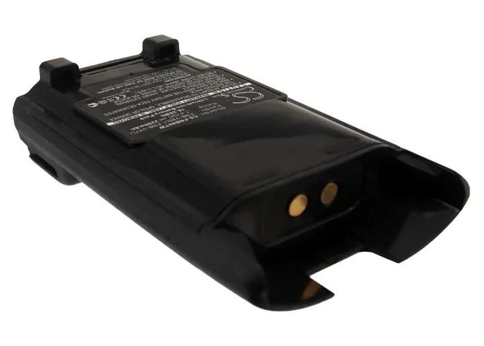 Rectangular black two-way radio battery pack with label showing 7.4V 2200mAh