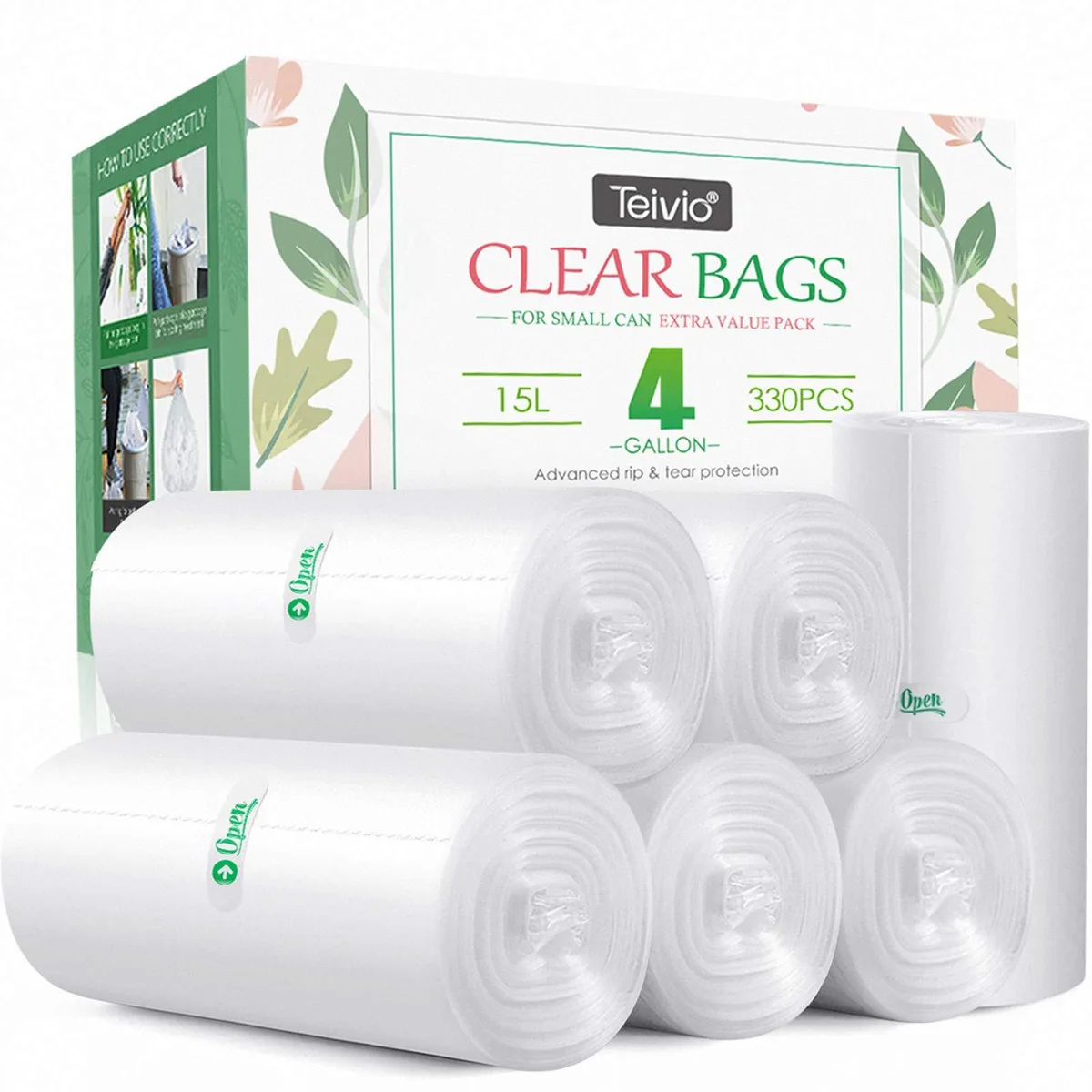  Teivio 4 Gallon Clear Trash Bags 330 Count 15L — product photo