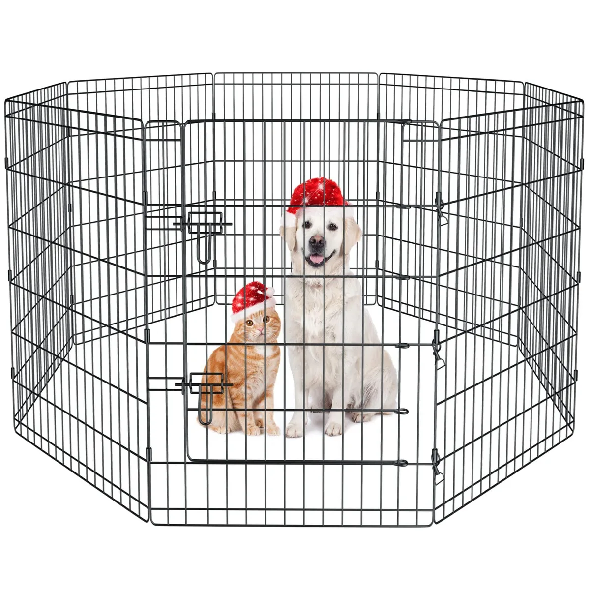 Eight-panel metal pet playpen, 36 inches high, multi-colour finish, foldable with ground stakes