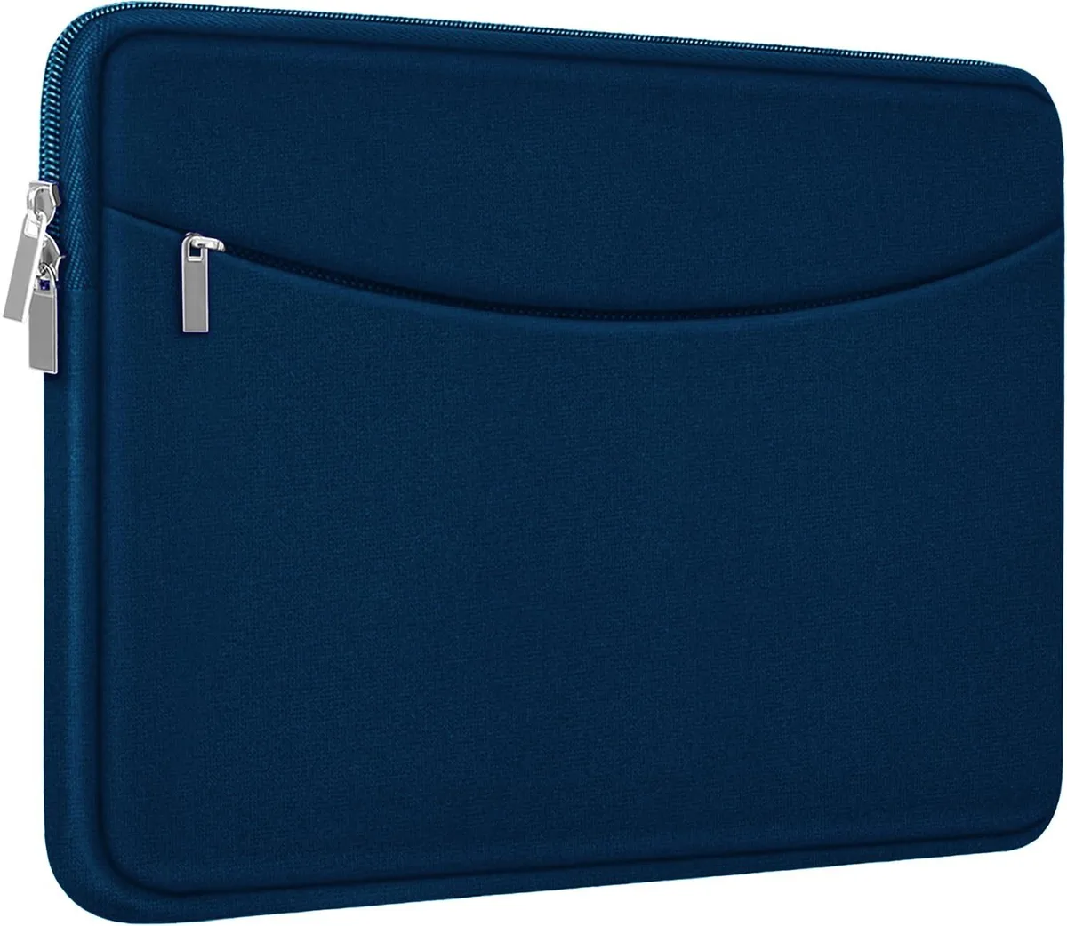 Blue neoprene laptop sleeve with front zip pocket and top double zipper