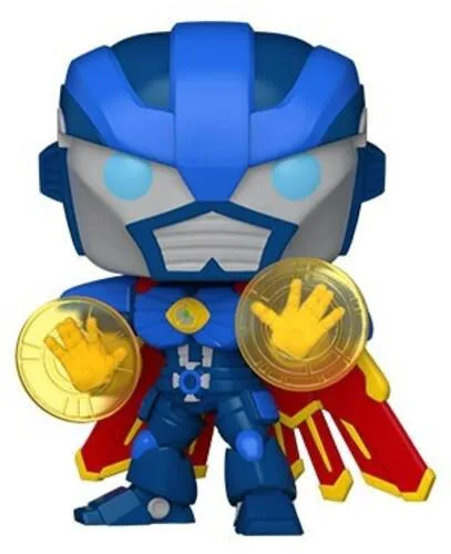 Vinyl Funko Pop figure of Doctor Strange in mech armour, stylised oversized head, matte coloured finish
