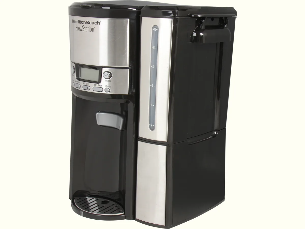 Hamilton Beach 47950 BrewStation 12-cup coffee maker stainless steel front dispensing bar digital display