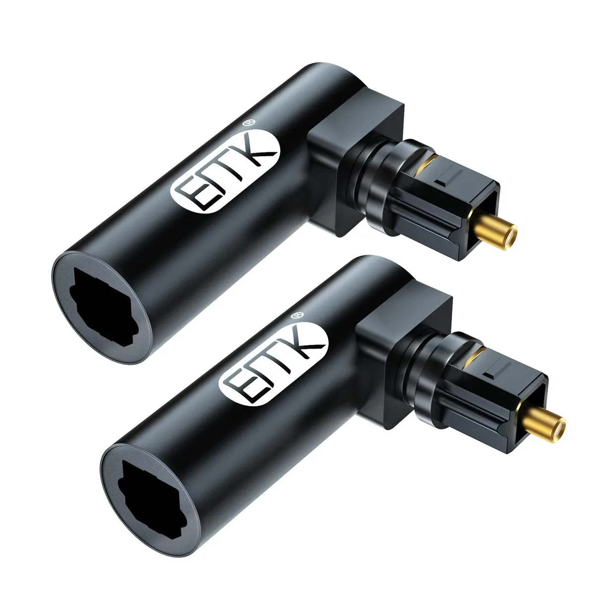 Two black right-angle Toslink adapters with gold tips and braided sleeves