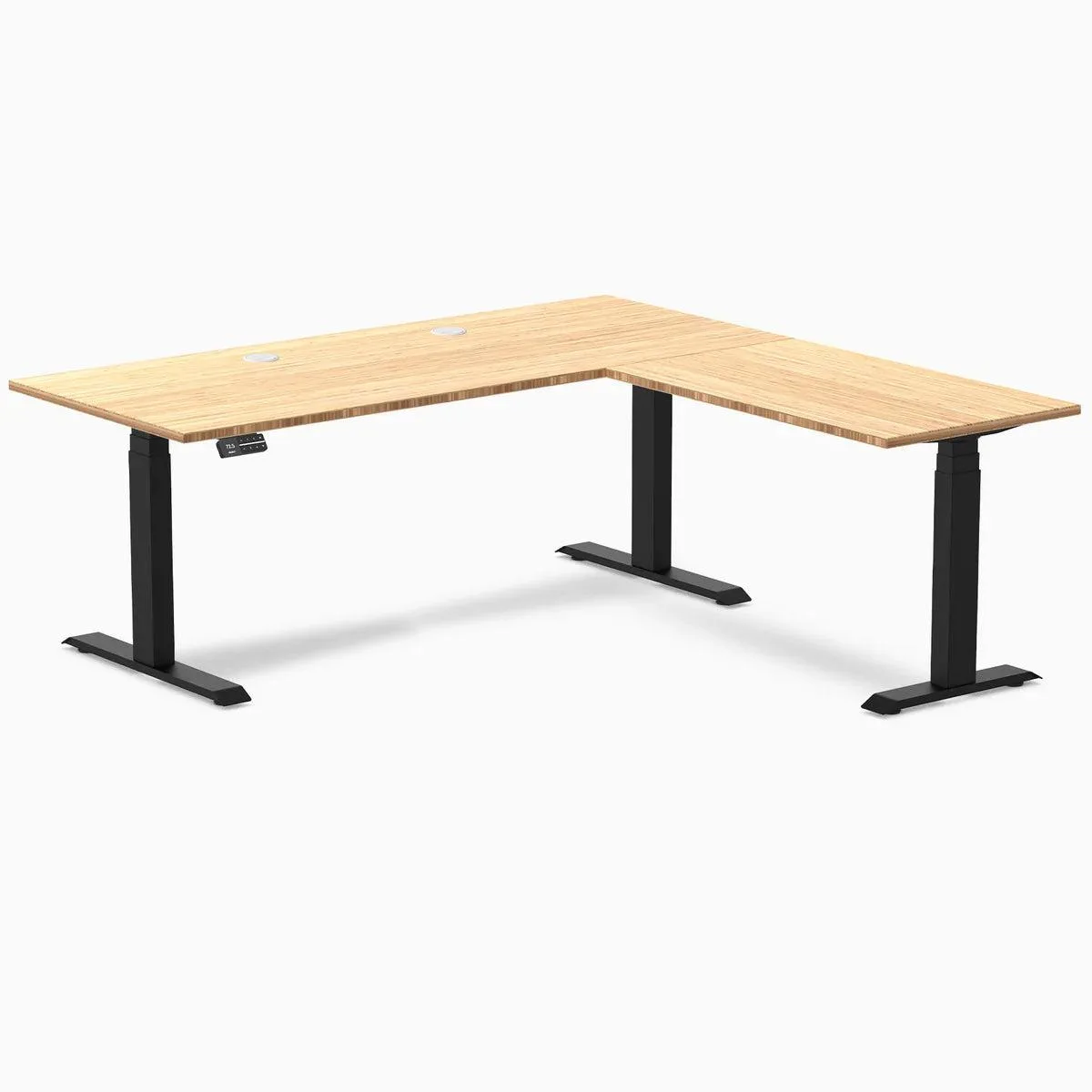 Desky Desky Bamboo L-Shape Sit Stand Desk 72 x 30 x 70 x 24 in Grommets Matte Black office furniture — product photo
