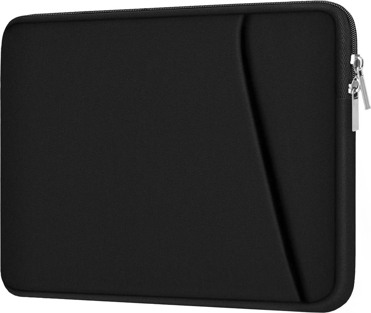 Black polyester laptop sleeve with front pocket for 15.6 inch devices