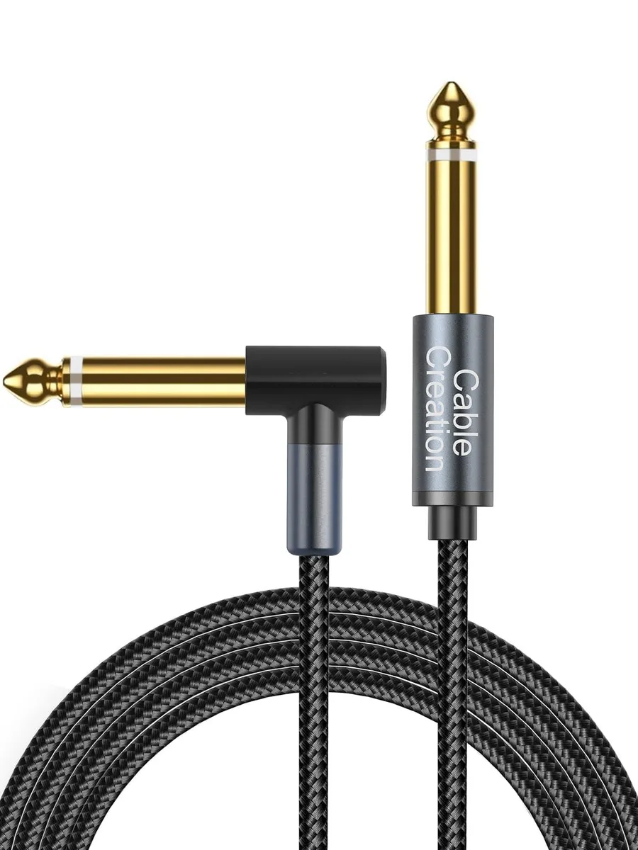 Right-angle 6.35 mm mono guitar cable, braided nylon jacket, 10 ft length