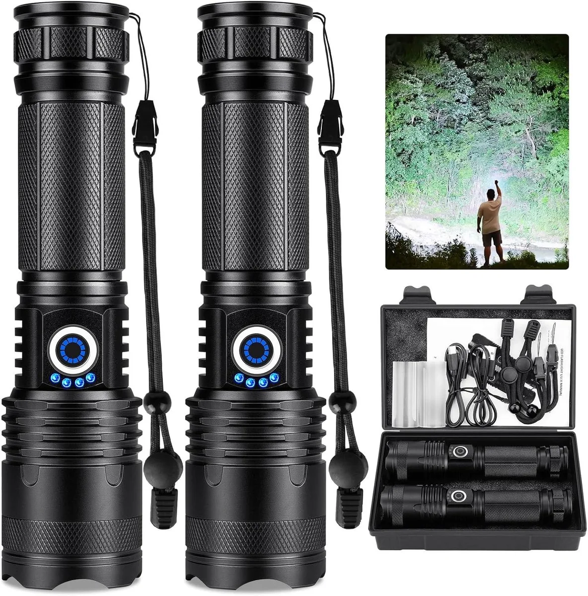 Two black cylindrical flashlights side by side with USB ports and power indicators