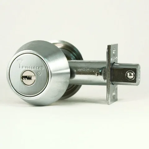 Satin chrome double cylinder deadbolt with keyways on both sides