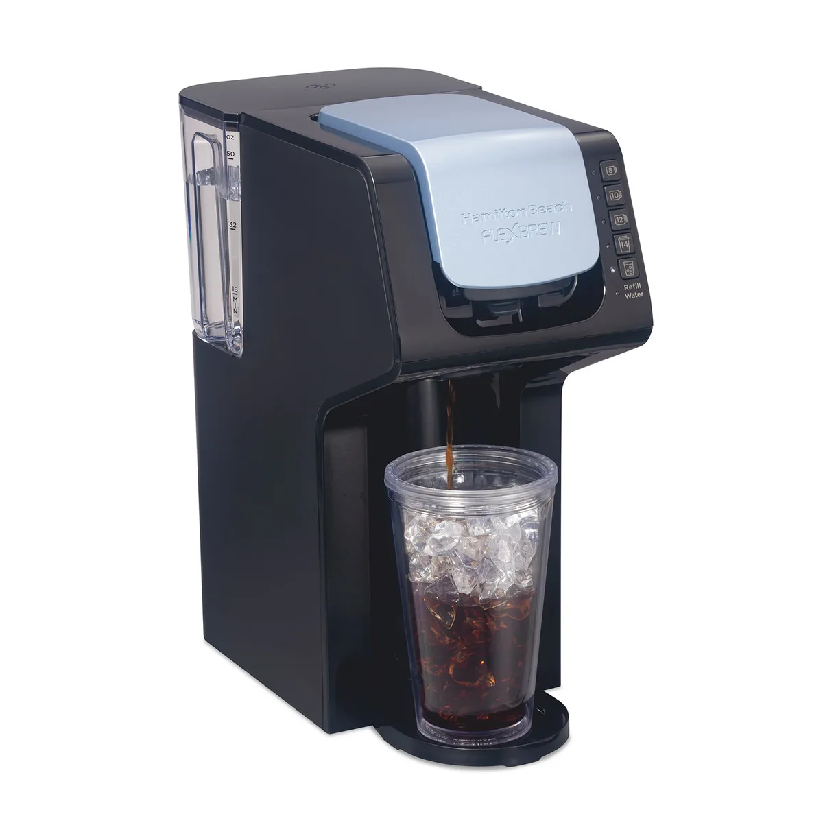 Black Hamilton Beach FlexBrew single-serve coffee maker with removable water reservoir and cup rest