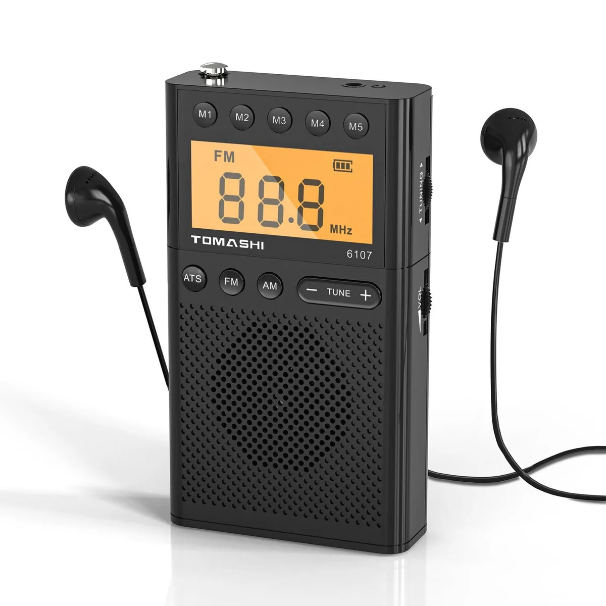 Small rectangular AM FM pocket radio with LCD screen retractable antenna and 3.5 mm headphone jack in dark finish