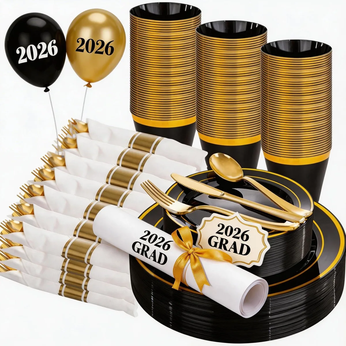  American Weigh 350PCS Black/Gold Plastic Dinnerware Set for 50 Guests — product photo