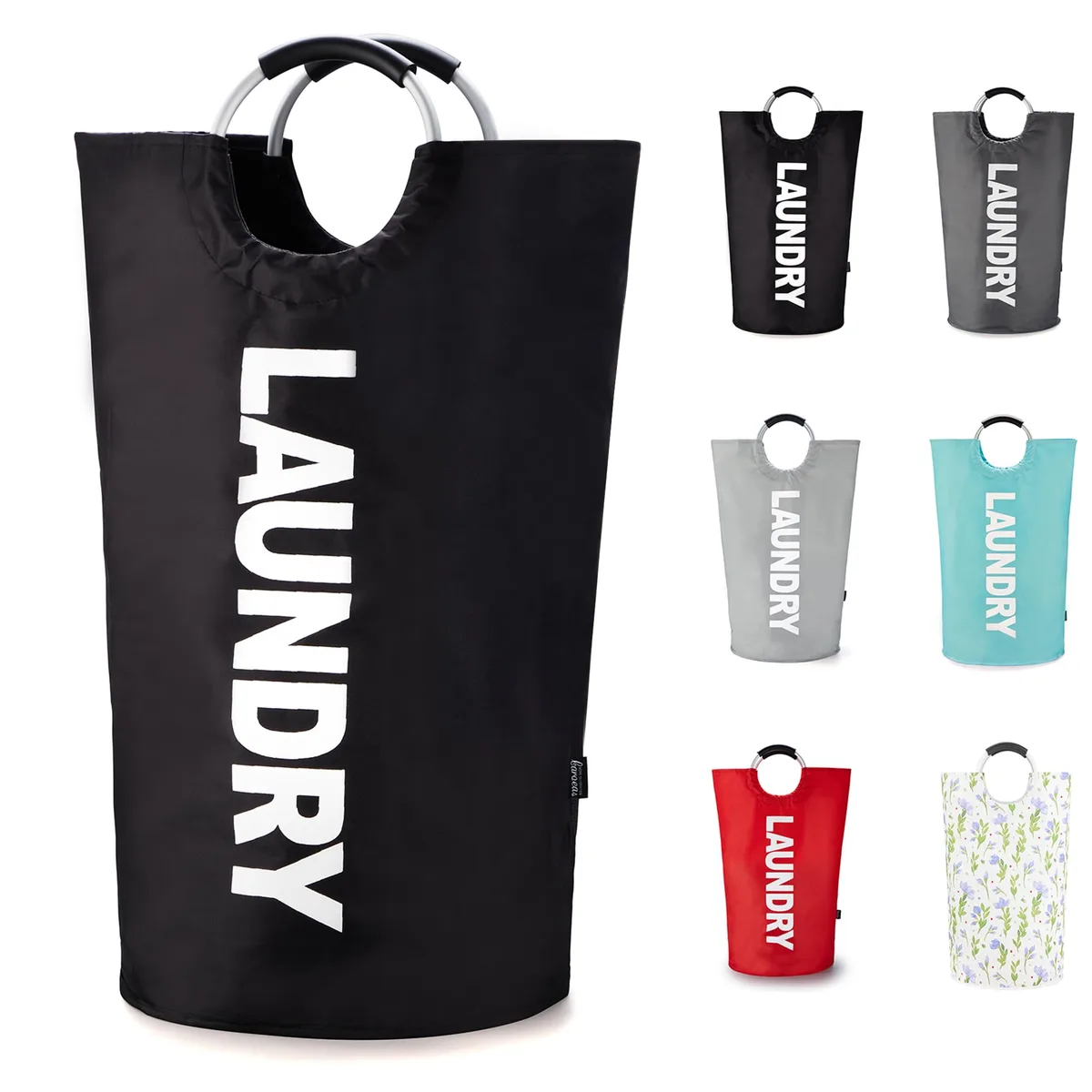 Tall round laundry basket in Oxford fabric, padded aluminium handles, folded flat beside it