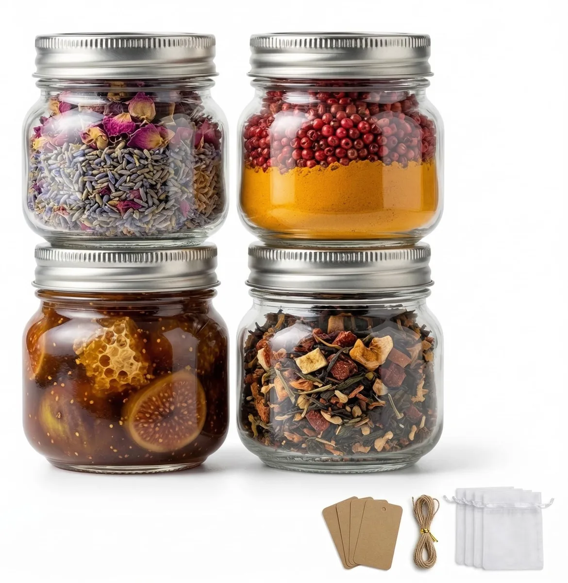 Four clear glass jars with silver lids