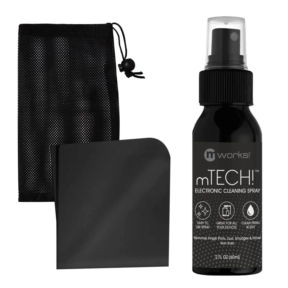 Compact travel cleaning kit with spray bottle, microfiber cloth and mesh pouch